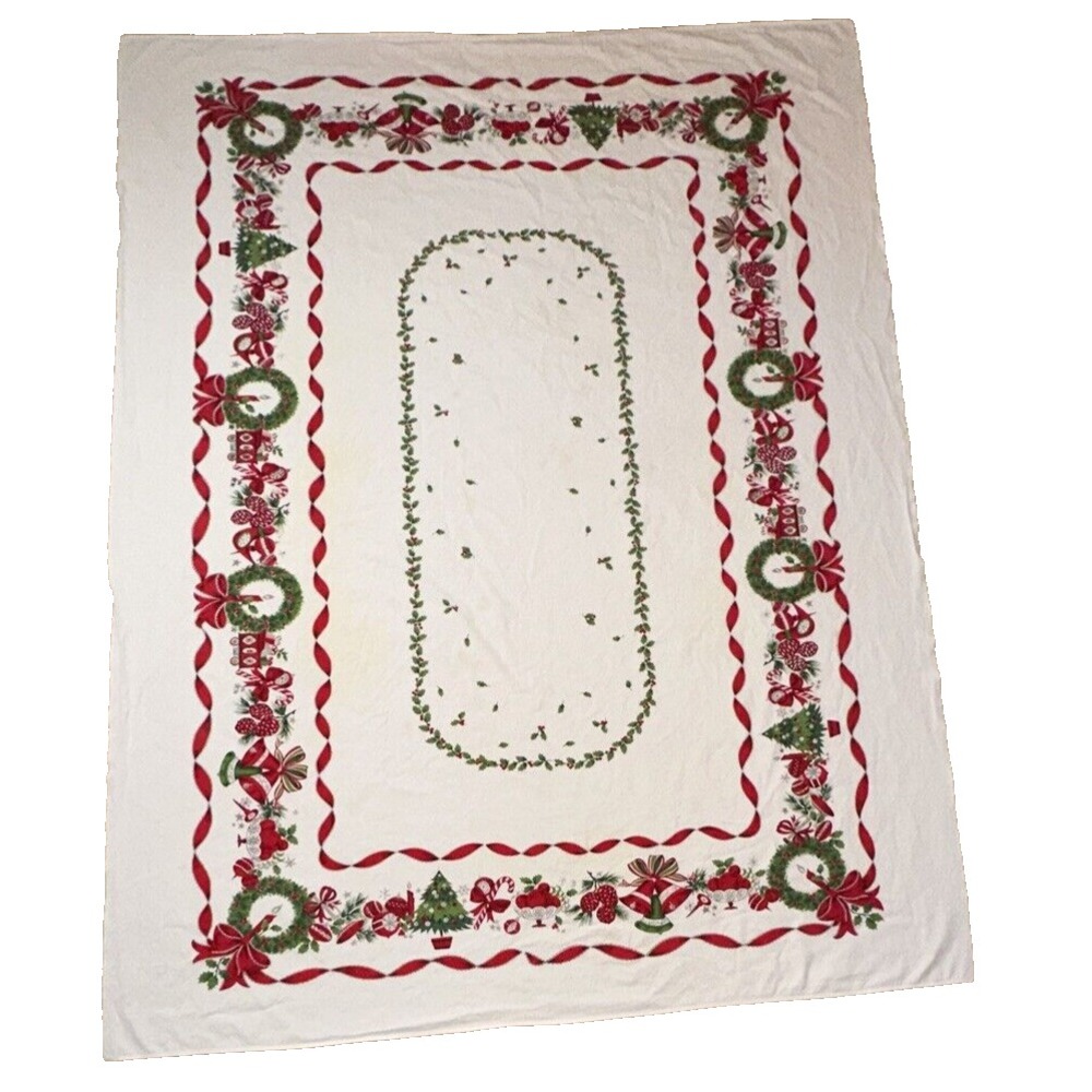 Vintage Printed Tablecloth Red Holiday Christmas Rectangle Cotton MCM Retro‎